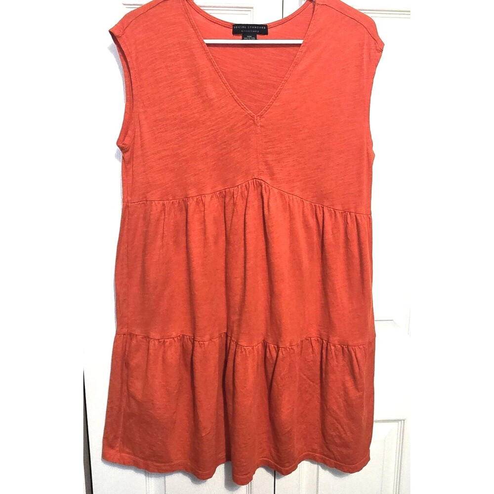 Social Standard Sanctuary Dress Women Medium Orange Tiered V-Neck Slub Knit Mini